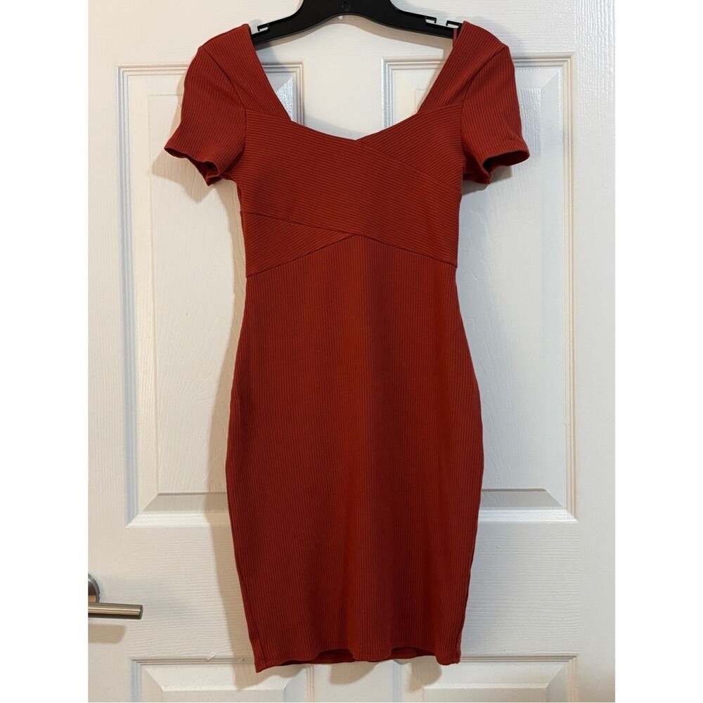 Guess Women’s XS Rust Ribbed Bodycon Mini Dress Sweetheart Neck Y2K